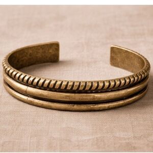 Vintage Solid Brass Open Cuff Bracelet Antique Gold Ribbed Minimalist Statement